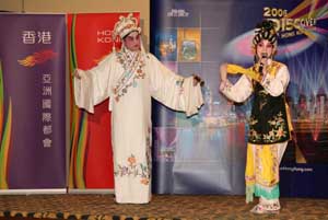  A Cantonese opera excerpt is presented to the 50 Canadian journalists and media executives at the Media Dinner hosted by the Hong Kong Economic & Trade Office (Canada) and the Hong Kong Tourism Board during the "Hong Kong Cultural & Heritage Celebrations" in Vancouver.  For many of the journalists there, it is the first time for them to have a glimpse of this traditional opera performance. 