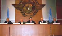 Director-General of Civil Aviation Albert Lam (center) chairs the 11th Air Navigation Conference in Canada. On his left is Council President for the International Civil Aviation Organisation Dr Assad Kotaite.