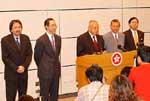 CE Tung Chee Hwa announces the appointment Henry Tang (to his left) as the new FS and Ambrose Lee (to his right) as S for S. John Tsang (far left) replaces Mr Tang as SCIT, while Commissioner of Customs & Excise Raymond Wong (far right) has been named Mr Lee's replacement as head of the ICAC.