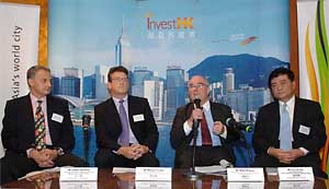 The Director-General of Investment Promotion at Invest Hong Kong, Mr Mike Rowse (second from right), hosts a meet-the-media session with top executives from new foreign, Mainland and Taiwan companies in Hong Kong  at which the investors spoke on why they chose to invest in Hong Kong.
