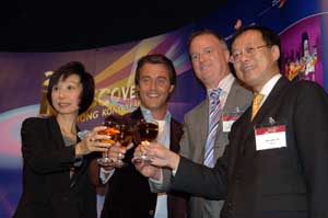 The Hong Kong Tourism Board (HKTB) celebrates the Canadian launch of its global "2006 Discover Hong Kong Year" campaign.  Ms Photo shows (from left) Ms Clara Chong, Executive Director of HKTB; Mr Ben Mulroney, popular TV host and newspaper columnist; Mr Ross Cronin of Cathay Pacific Airways; and Mr Bassanio So, HKETO Director, toasting to the success of the campaign at the launch in Toronto.
