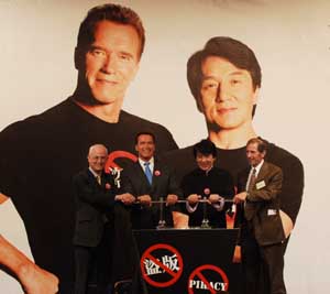 The Governor of the State of California, the United States of America, the Honorable Arnold Schwarzenegger and movie star Mr Jackie Chan join hand to fight piracy and promote the respect of intellectual property rights in Hong Kong.